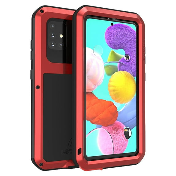 Dteck Case For Samsung Galaxy A51 4G (6.5 inch),Shockproof Armor Rugged Rubber Metal Aluminum Tempered Glass Screen Protective Hybrid Back Phone Case Cover ,Red