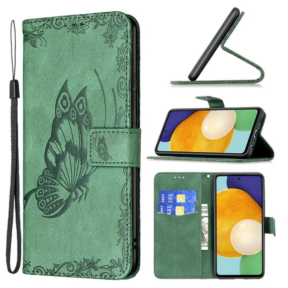 Dteck Case for Samsung Galaxy A52 5G/4G 6.5-inch,Magnetic Butterfly Patterned PU Leather Wallet Card Holder Flip Hybrid Rubber Case Protective Shockproof Kickstand Cover,Green