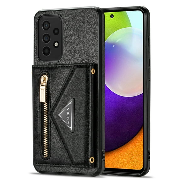 Dteck Case For Samsung Galaxy A52 5G 6.5-inch,Luxury Leather Zipper Card Holder Wallet Cross Body Bag Back Galaxy A52 4G Case Hybrid Rubber Kickstand Cover with Shoulder Strap,Black