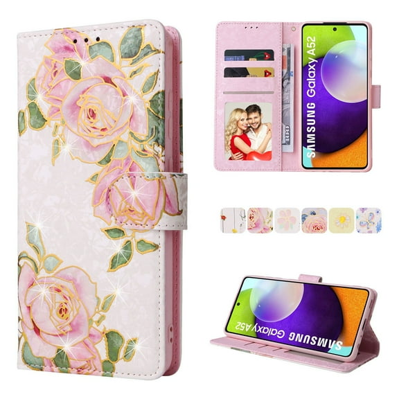Dteck Case for Samsung Galaxy A52 5G,Wallet Case Pattern Premium PU Leather Card/Cash Slots Stand Magnetic Closure Flip Cover with Strap for Galaxy A52 4G/5G,Flowers