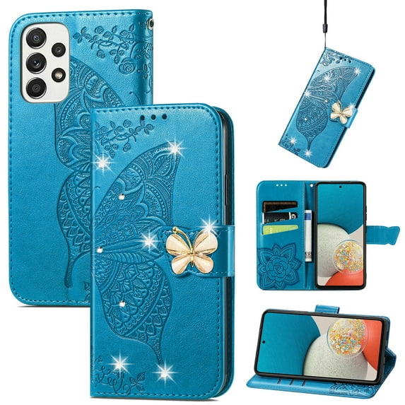 Dteck Case for Samsung Galaxy A53 5G,Magnetic Leather Card Holder Wallet Case Diamond Glitter Bling Butterfly Patterned Kickstand Flip Shockproof Cover,Blue