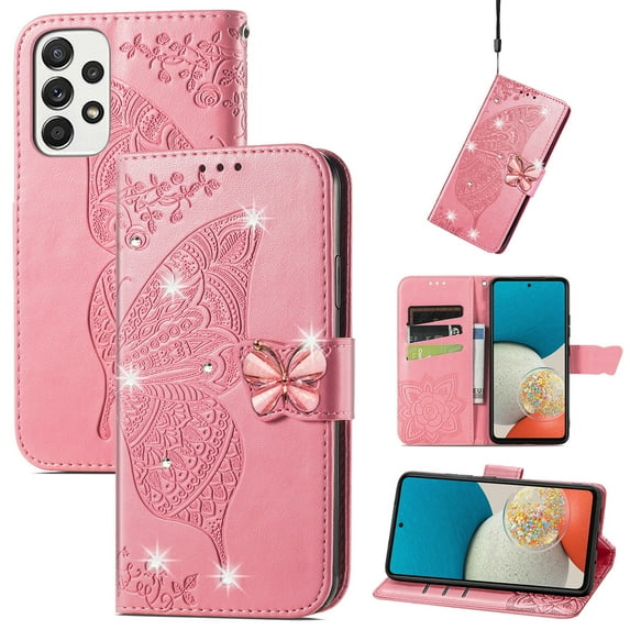 Dteck Case for Samsung Galaxy A53 5G,Magnetic Leather Card Holder Wallet Case Diamond Glitter Bling Butterfly Patterned Kickstand Flip Shockproof Cover,Pink