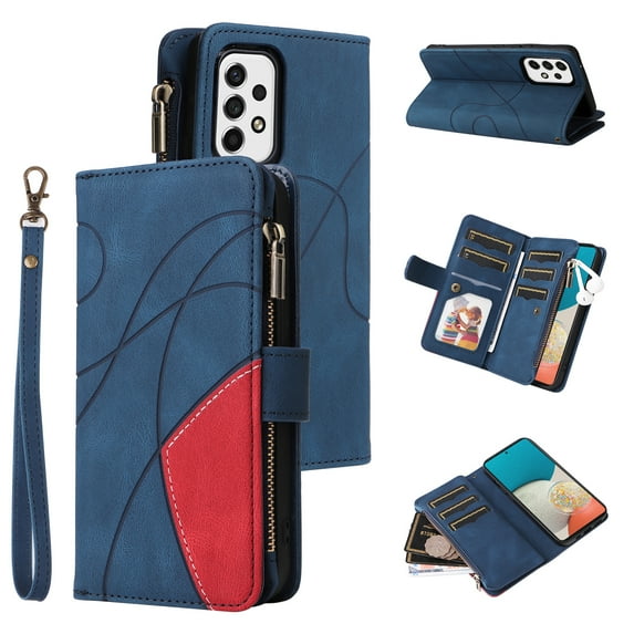 Dteck Case for Samsung Galaxy A53 5G, Magnetic Wallet 9 Card Slots Premium Leather Zipper Wallet Purse Case Flip Kickstand with Wrist Strap Credit Cash Cover for Galaxy A53 5G,Blue