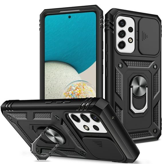 Dteck Case for Samsung Galaxy A53 5G,Shockproof Rubber Rugged Ring Holder Kickstand Case Slide Camera Lens Protector Hybrid Card Holder Pocket Lightweight Cover,Black