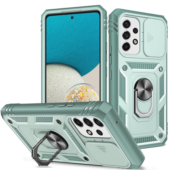 Dteck Case for Samsung Galaxy A53 5G,Shockproof Rubber Rugged Ring Holder Kickstand Case Slide Camera Lens Protector Hybrid Card Holder Pocket Lightweight Cover,Green