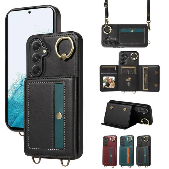 Dteck Case for Samsung Galaxy A54 5G Wallet Case, Crossbody Card Holder Purse with Lanyard for Women, 360° Ring Kickstand Magnetic Flip Leather Cover for Galaxy A54 5G,Black