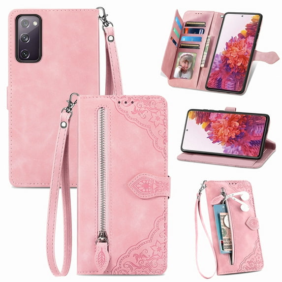 Dteck Case for Samsung Galaxy S20 FE 5G,Magnetic Leather 7 Card Slots Zipper Wallet Case Shockproof Rubber Kickstand Cover with Wrist Strap for Galaxy S20 FE, Pink