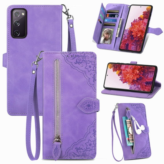 Dteck Case for Samsung Galaxy S20 FE 5G,Magnetic Leather 7 Card Slots Zipper Wallet Case Shockproof Rubber Kickstand Cover with Wrist Strap for Galaxy S20 FE, Purple