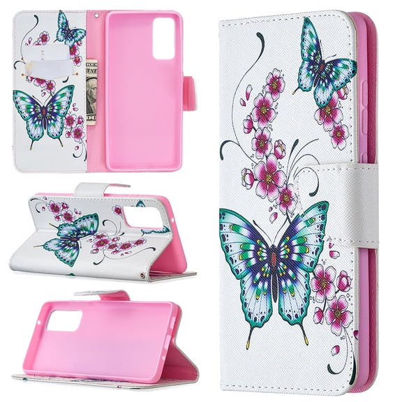 Dteck Case for Samsung Galaxy S20 FE (6.5 inches),Magnetic Patterned Leather Rubber Wallet Card Holder Flip Cover Protective Shockproof Kickstand S20 FE 5G Phone Case,07-Butterfly and Flowers