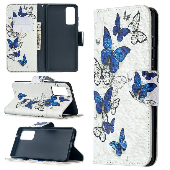 Dteck Case for Samsung Galaxy S20 FE (6.5 inches),Magnetic Patterned Leather Rubber Wallet Card Holder Flip Cover Protective Shockproof Kickstand S20 FE 5G Phone Case,03-Blue Butterfly