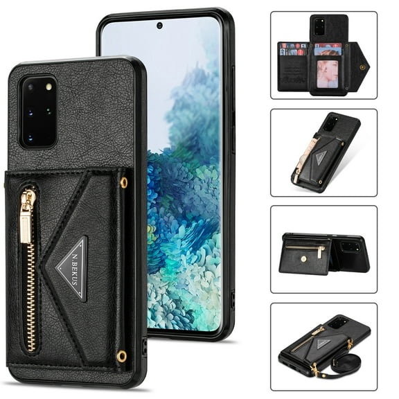 Dteck Case For Samsung Galaxy S20 FE (Fan Edition) 6.5-inch,Luxury Leather Zipper Card Holder Wallet Cross Body Shoulder Strap Case for Galaxy S20 FE 5G/4G Hybrid Rubber Kickstand Cover,Black