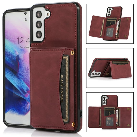 Dteck Case for Samsung Galaxy S21 6.2-inch,Shockproof Rubber Case Card Holder Wallet Hybrid Leather Kickstand Protector Lightweight Cover for Galaxy S21,Winered