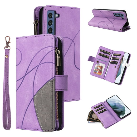 Dteck Case for Samsung Galaxy S21 FE, Magnetic Wallet 9 Card Slots Premium Leather Zipper Wallet Purse Case Flip Kickstand with Wrist Strap Credit Cash Cover for Galaxy S21 FE 5G,Purple