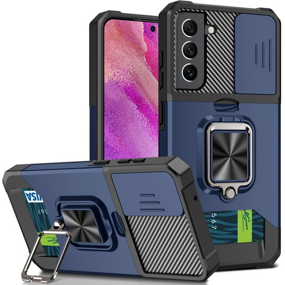 Dteck Case for Samsung Galaxy S21 FE,Shockproof with 360 Degree Ring Stand & Slide Lens Cover & Support Magnetic Car Mount Case for Galaxy S21 FE 5G,Navy