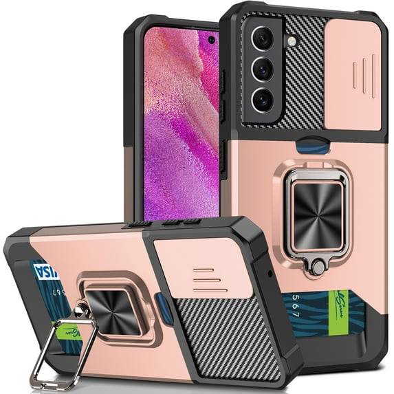 Dteck Case for Samsung Galaxy S21 FE,Shockproof with 360 Degree Ring Stand & Slide Lens Cover & Support Magnetic Car Mount Case for Galaxy S21 FE 5G,Rosegold