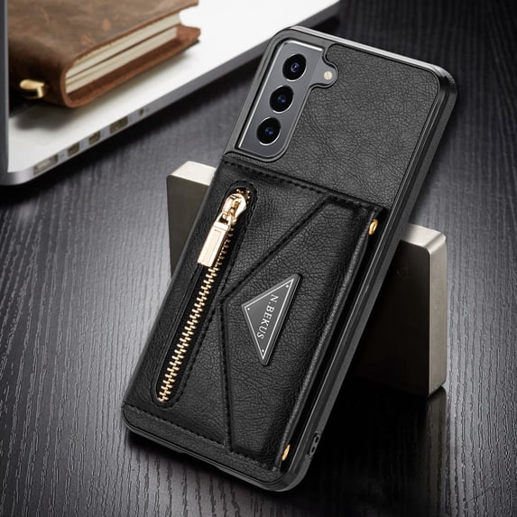 Dteck Case For Samsung Galaxy S21 Plus 6.7-inch,Luxury Leather Zipper Card Holder Wallet Cross Body Shoulder Strap Case for Galaxy S21+ 5G Shockproof Hybrid Rubber Kickstand Cover,Black