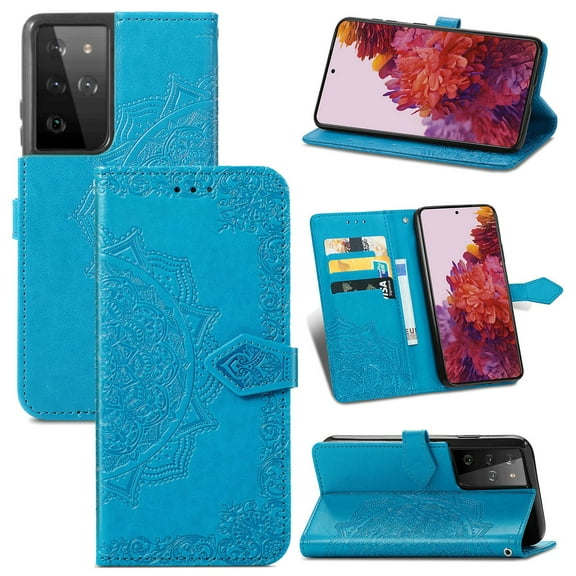 Dteck Case for Samsung Galaxy S21 Ultra 6.8-inch,Flower Embossed Patterned Magnetic PU Leather Wallet Card Holder Flip Cover Protective Shockproof Kickstand,Blue