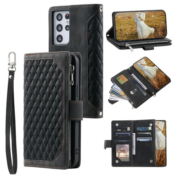 Dteck Case for Samsung Galaxy S21 Ultra,Magnetic Leather Crossbody Zipper Wallet Bag Card Pocket Case Shockproof Rubber Kickstand with Hand/Shoulder Strap Cover,Black