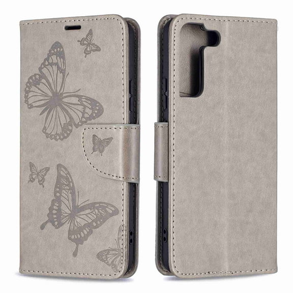 Dteck Case for Samsung Galaxy S22 5G, [Kickstand][Wrist Strap][Card Holder Slots] Butterfly Floral Embossed PU Leather Flip Cover for Samsung Galaxy S22 5G - Gray