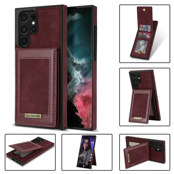 Dteck Case for Samsung Galaxy S22 Ultra (6.8 inch) 2022, RFID Blocking Material Card Slots Metal Button Closure Flip Wallet Case with Stand for Galaxy S22 Ultra 5G, Winered