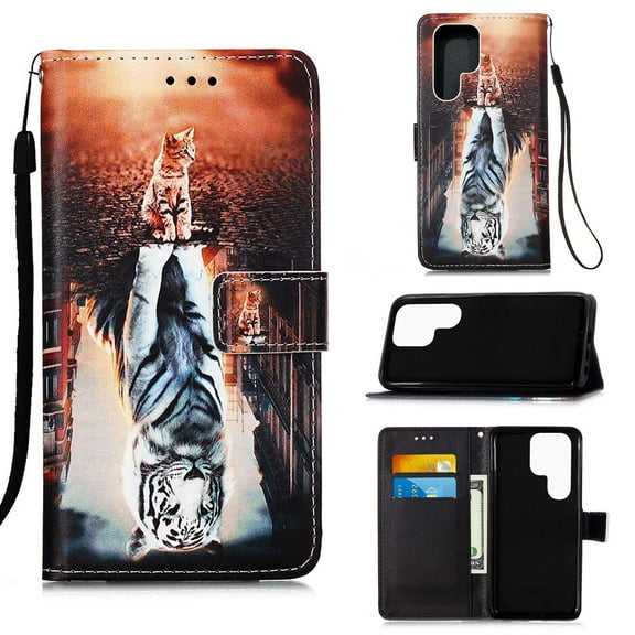 Dteck Case for Samsung Galaxy S22 Ultra,Magnetic PU Leather Patterned Flip Kickstand Case With Wrist Strap Built-in Card Slots Cover for Galaxy S22 Ultra 5G,Cat and Tiger