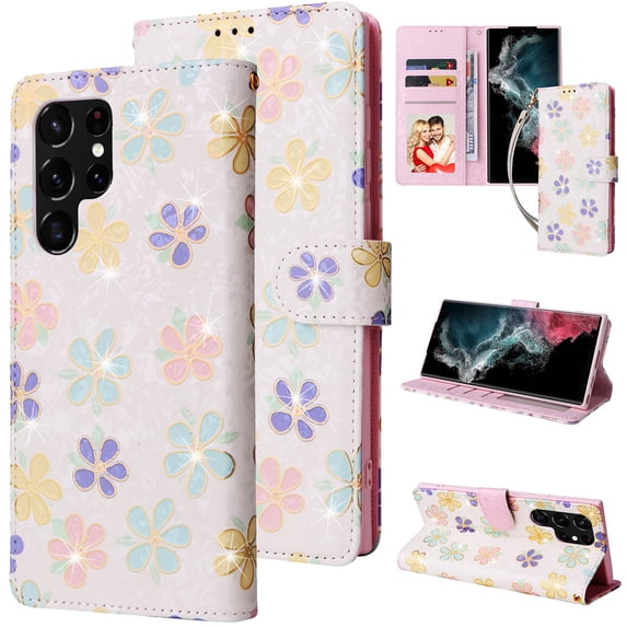 Dteck Case for Samsung Galaxy S22 Ultra with Wristlet Lanyard Strap, Luxury PU Leather Wallet Phone Case with Card Holder Flip Kickstand Cover, Little Flowers