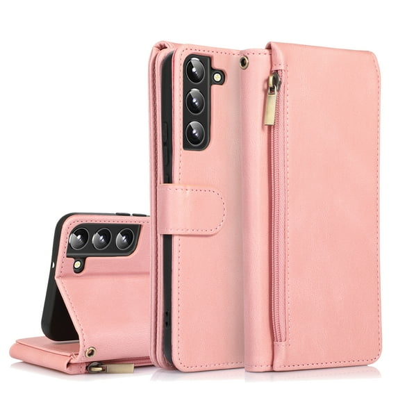 Dteck Case for Samsung Galaxy S23 Plus,Durable PU Leather Magnetic Flip Zipper Card Holder Wallet Case Shockproof Rubber Kickstand Cover with Wrist Strap for Galaxy S23+,Rosegold