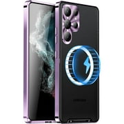 Dteck Case for Samsung Galaxy S23 Ultra, Compatible with Magsafe Magnetic Adsorption Metal Bumper Back Translucent Matte PC Cover with Full Camera Lens Protector,Purple