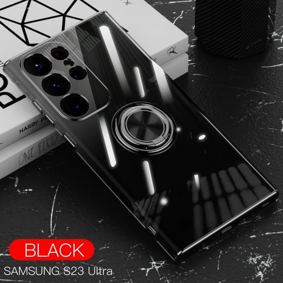 Dteck Case for Samsung Galaxy S23 Ultra,Shockproof Plating TPU Ring Holder Kickstand Magnetic Case Slim Transparent Back Cover for Galaxy S23 Ultra,Black