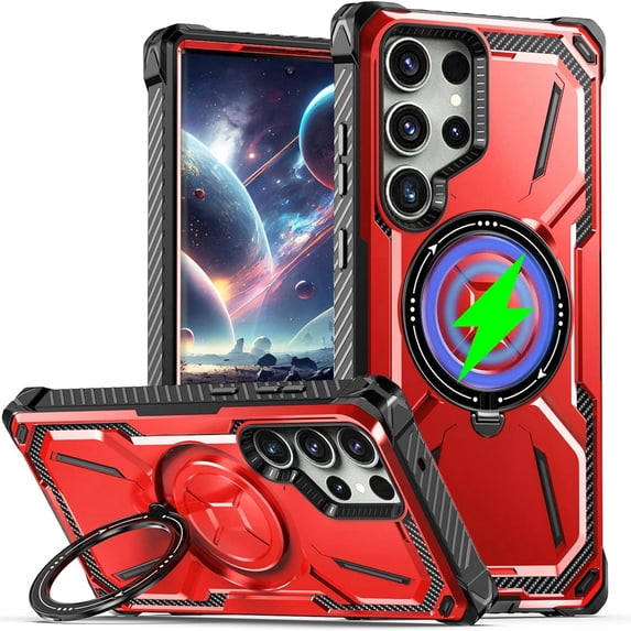 Dteck Case for Samsung Galaxy S24 Ultra,Magnetic Rubber Compatible with Mag-Safe Case Shockproof Invisible Kickstand Dual Layer Protective Armor Cover,Red