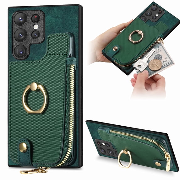 Dteck Case for Samsung Galaxy S24 Ultra,Mangetic Premium Leather Card Slots Zipper Wallet Case Shockproof 360°Rotation Ring Stand Protective Cover,Green