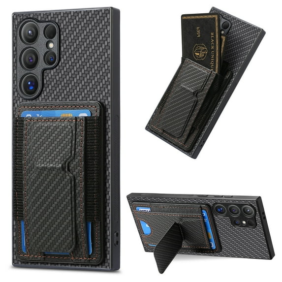 Dteck Case for Samsung Galaxy S24 Ultra,Shockproof Carbon Fibre Pattern Leather Case Card Slots Wallet Folding Bracket Stand Cover for Galaxy S24 Ultra,Black