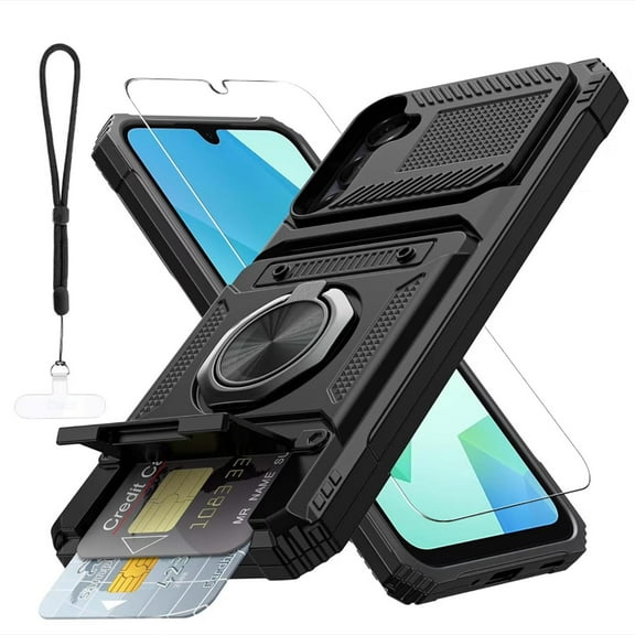 Dteck Case for Samsung Galaxy S25 FE 5G with HD Screen Protector & Card Holder & Finger Ring Holder Kickstand,Full Body Rugged Shockproof Protective Phone Cover with Lanyard Strap,Black