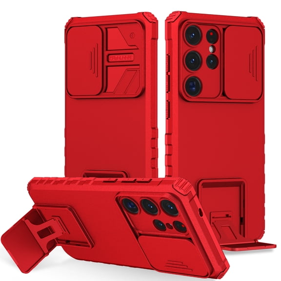 Dteck Case for Samsung Galaxy S25 Ultra Hidden Bracket Kickstand Case Sliding Window Phone Case Shockproof Protective Back Cover for Galaxy S25 Ultra,Red