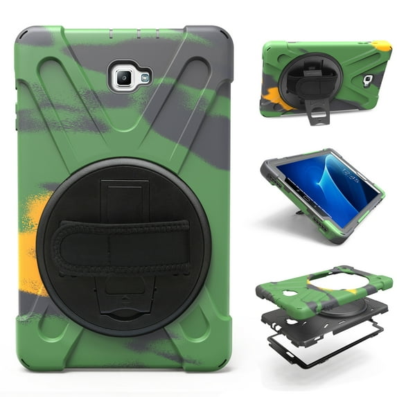 Dteck Case For Samsung Galaxy Tab A 10.1 2016 Model SM-T580 T585 (No S Pen), Heavy Duty Three Layer Rugged Hybrid Shockproof Case with 360 Rotating Stand / Hand Strap (No Shoulder Strap), Army Green