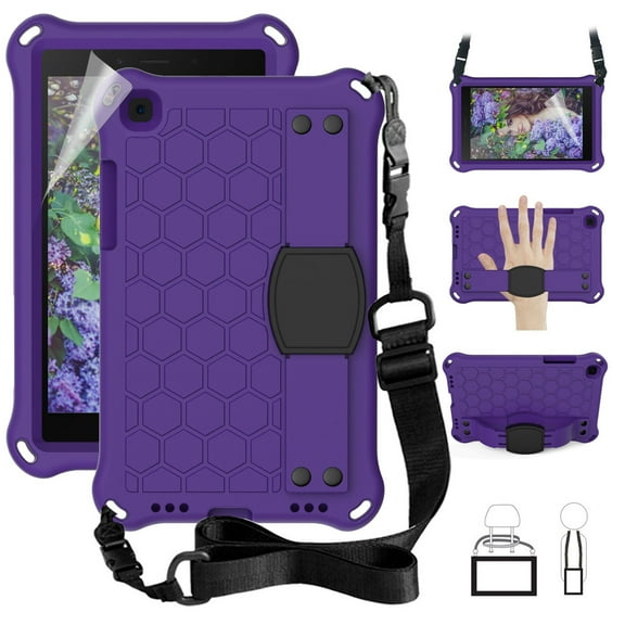 Dteck Case For Samsung Galaxy Tab A 8.0 SM-T290 (2019 Released) 8 inches, Shockproof Rubber Kickstand Case Heavy Duty Cover with PET HD Screen Protector/Hand Strap/Should Belt/Pencil Holder ,Purple