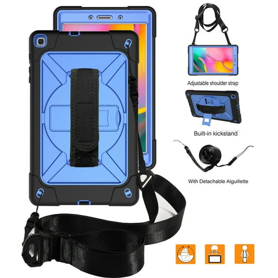 Dteck Case For Samsung Galaxy Tab A 8.0 T290 T295 (2019 Released) 8-inch,Heavy Duty Shockproof Rubber Hybrid Hard 3-Layer Protection Cover with Hand/ Shoulder Strap,Black+Blue