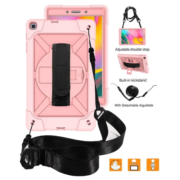 Dteck Case For Samsung Galaxy Tab A 8.0 T290 T295 (2019 Released) 8-inch,Heavy Duty Shockproof Rubber Hybrid Hard 3-Layer Protection Cover with Hand/ Shoulder Strap,Rosegold+Rosegold