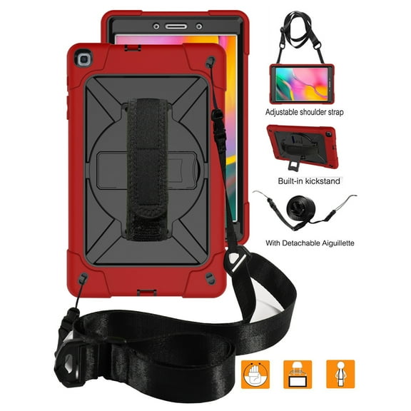 Dteck Case For Samsung Galaxy Tab A 8.0 T290 T295 (2019 Released) 8-inch,Heavy Duty Shockproof Rubber Hybrid Hard 3-Layer Protection Cover with Hand/ Shoulder Strap,Red+Black