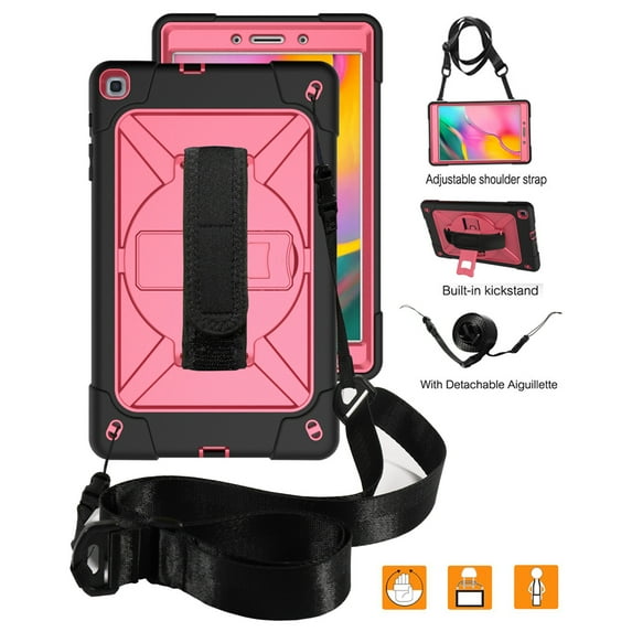 Dteck Case For Samsung Galaxy Tab A 8.0 T290 T295 (2019 Released) 8-inch,Heavy Duty Shockproof Rubber Hybrid Hard 3-Layer Protection Cover with Hand/ Shoulder Strap,Black+Rose