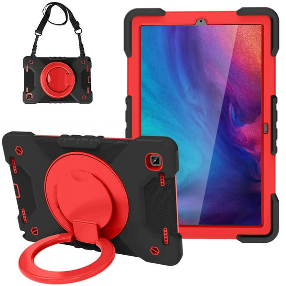 Dteck Case for Samsung Galaxy Tab A7 10.4 SM-T500/T505/T507 (2020), Heavy Hybrid Rugged Shockproof Case with Handle Kickstand/Adjustable Shoulder Strap, Black+Red