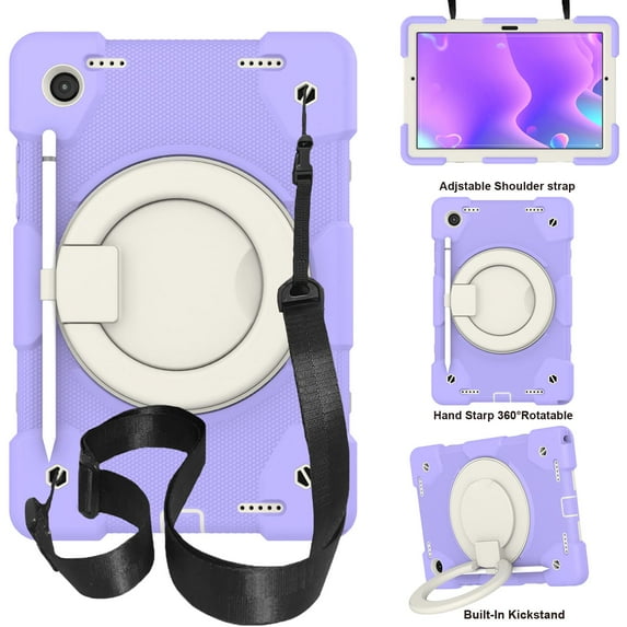 Dteck Case for Samsung Galaxy Tab A8 10.5 inch X200 X205,Heavy Duty Rugged Case with Rotatable Stand & Shoulder Strap Shockproof Rubber Hand Grip 3-Layer Protection Cover,Lightpurple