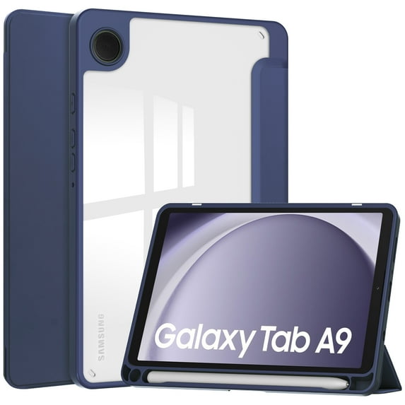 Dteck Case for Samsung Galaxy Tab A9 8.7 inch SM-X110/X115 Released 2023, Shockproof Slim Folio Stand Cover, with Pencil Slot, Clear Transparent Hard PC Back Shell, Darkblue