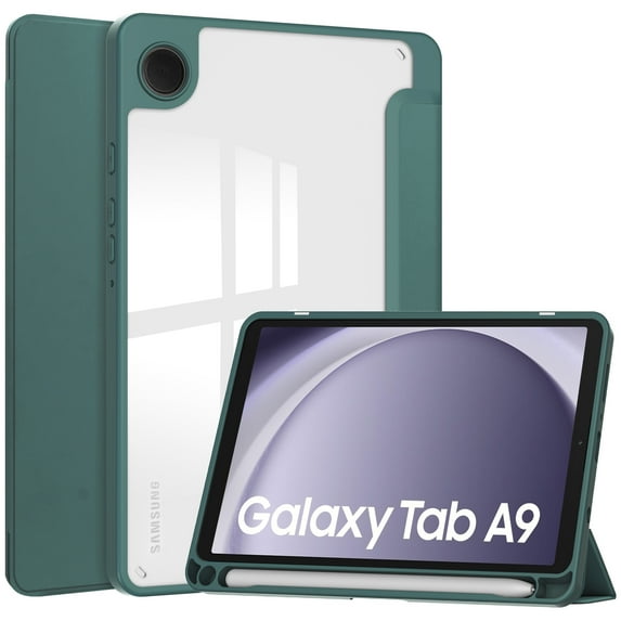 Dteck Case for Samsung Galaxy Tab A9 8.7 inch SM-X110/X115 Released 2023, Shockproof Slim Folio Stand Cover, with Pencil Slot, Clear Transparent Hard PC Back Shell, Darkgreen