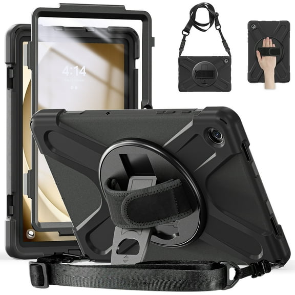 Dteck Case for Samsung Galaxy Tab A9 Plus 11 Inch (SM-X210/X215/X216/X218), Shockproof Built-in Screen Protector Heavy Duty Full-Body Case Rotating Stand Cover with Hand/Shoulder Strap,Black