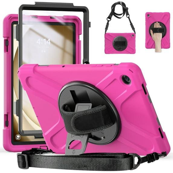 Dteck Case for Samsung Galaxy Tab A9 Plus 11 inch (SM-X210/X215/X216/X218),Heavy Duty Armor Shockproof Kids Case with Rotating Stand & Hand/Shoulder Strap for Galaxy Tab A9+ 2023,Rose