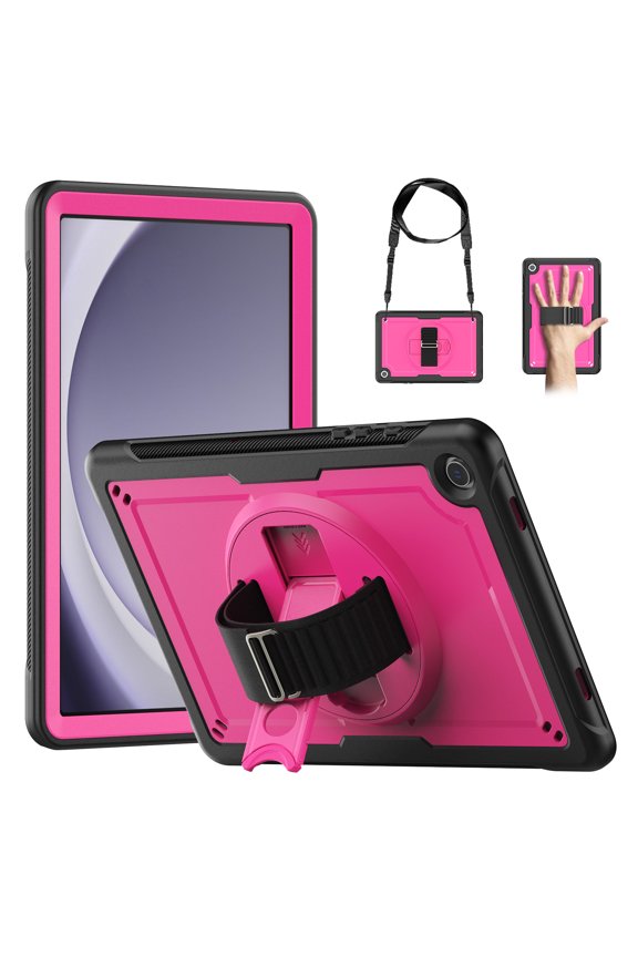 Case for Samsung Galaxy Tab A9 Plus / A9+ Case 11" (SM-X210/X216/X218),Military Grade Shockproof Rugged Case for Tab A9 Plus with 360°Rotating Stand, Hand/Shoulder Strap and Pen Holder,Rose