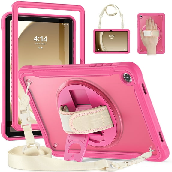 Dteck Case for Samsung Galaxy Tab S11 Case 11 Inch 2025, Heavy Duty Rugged Drop Protection Impact Resistant Shockproof Cover with Rotating Stand, Hand/Shoulder Strap,Rose