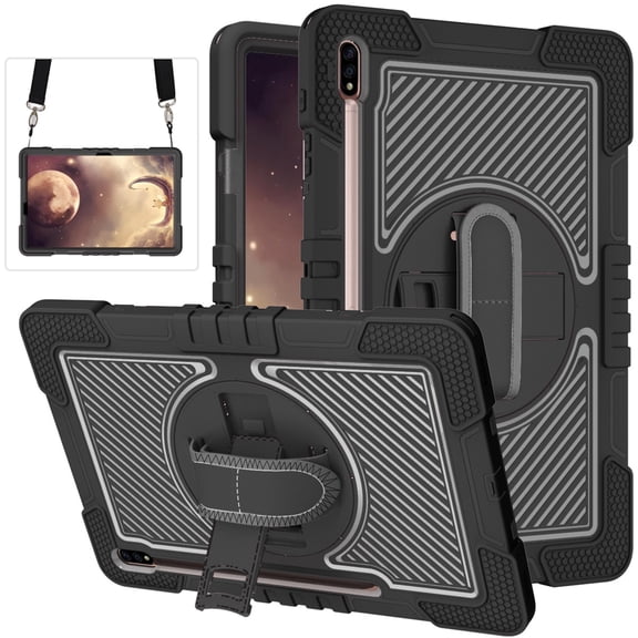 Dteck Case for Samsung Galaxy Tab S7 FE 12.4 in 2021 SM-T730/T736B / Galaxy Tab S7 Plus 2020 Case SM-T970/T975/T976, Rugged Shockproof Case with Shoulder Strap + Pencil Holder, Black