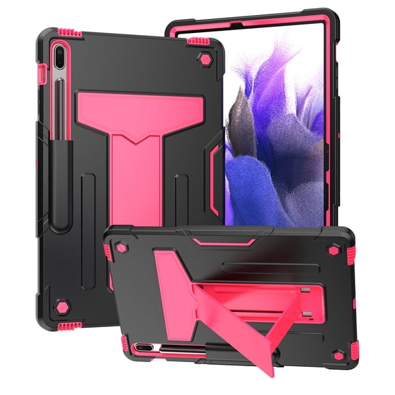 Dteck Case for Samsung Galaxy Tab S7 FE T730 (2021) 12.4-inch,Shockproof Rubber Case Kickstand Hybrid 3-Layer Protection Cover for Galaxy Tab S7 FE 5G SM-T736B/Galaxy Tab S7+ T970,Black+Rose